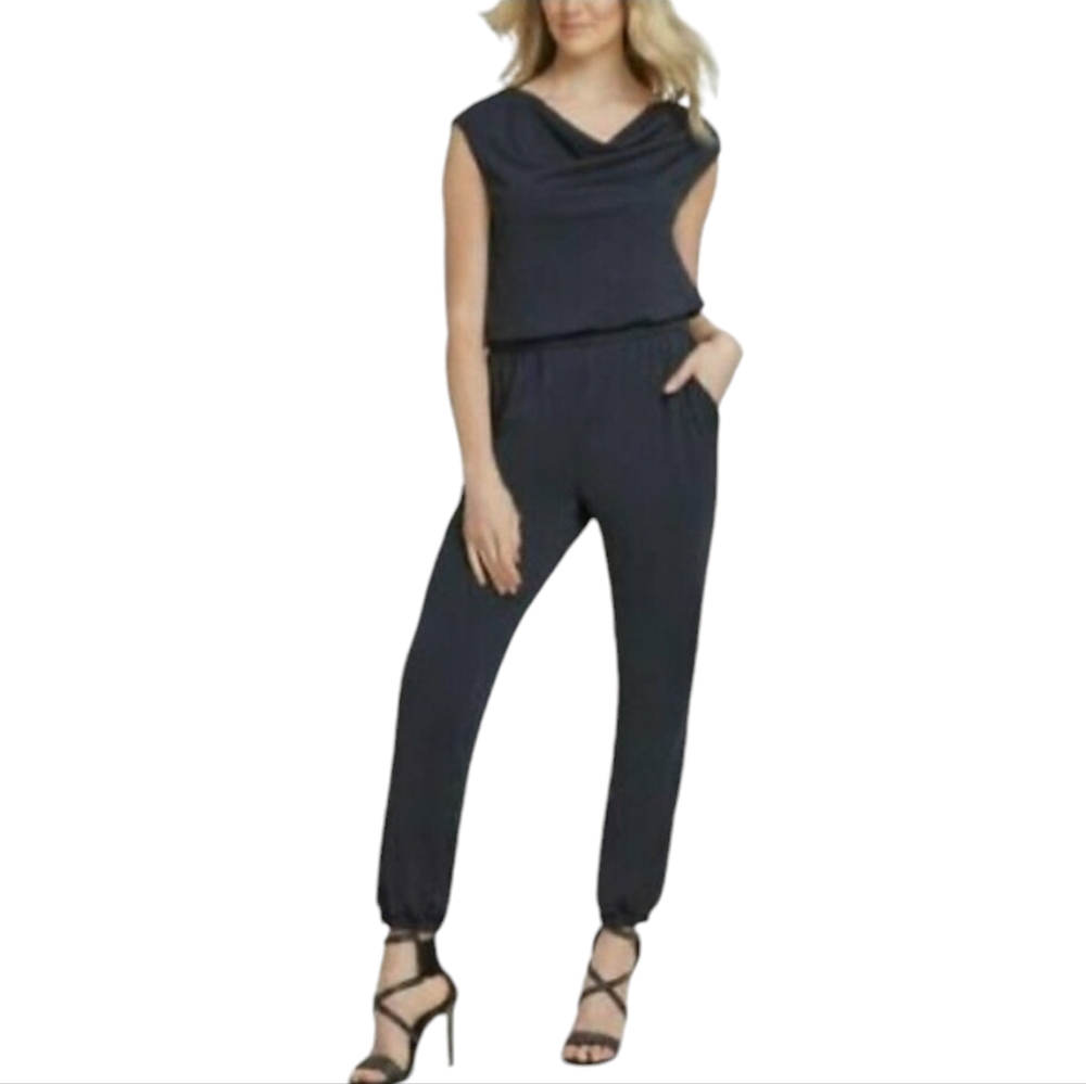 NEW DKNY Jumpsuit Womens XLarge Black‎ Draped Front Banded Waist Pockets XL